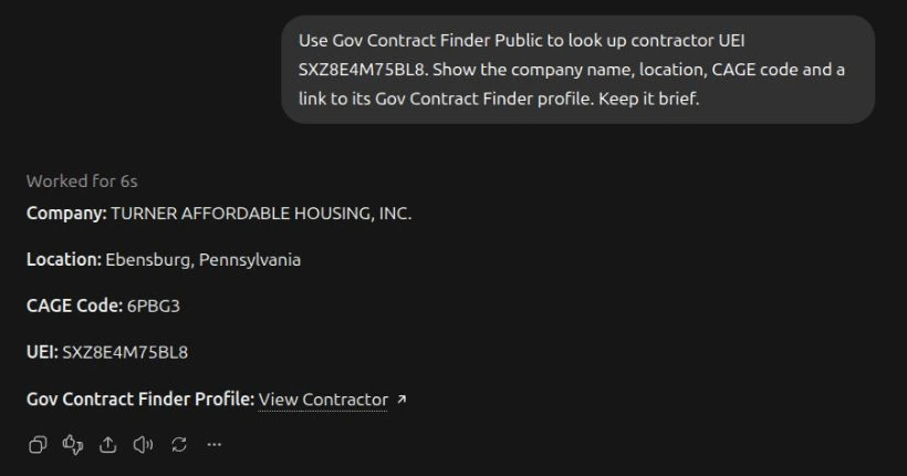 ChatGPT looking up a real contractor using Gov Contract Finder and returning public company details with a profile link.