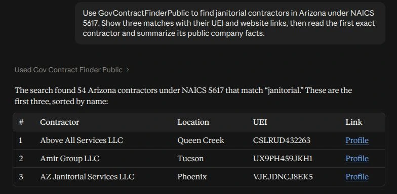 Claude returning three real Arizona janitorial contractor matches, with locations, UEIs, and links to Gov Contract Finder profiles.