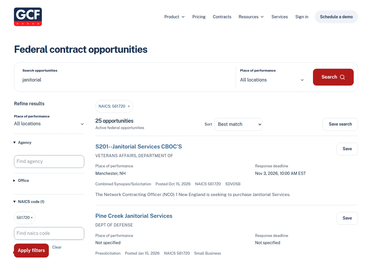 Gov Contract Finder website showing an actual federal opportunity search with matching notices and filters.