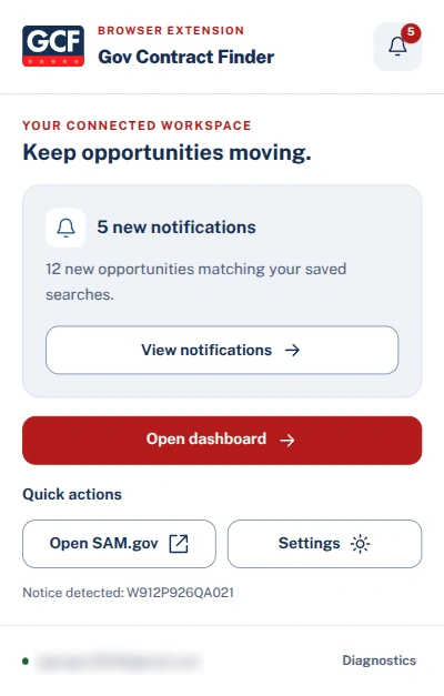 Gov Contract Finder extension popup with notifications, dashboard access, and quick actions