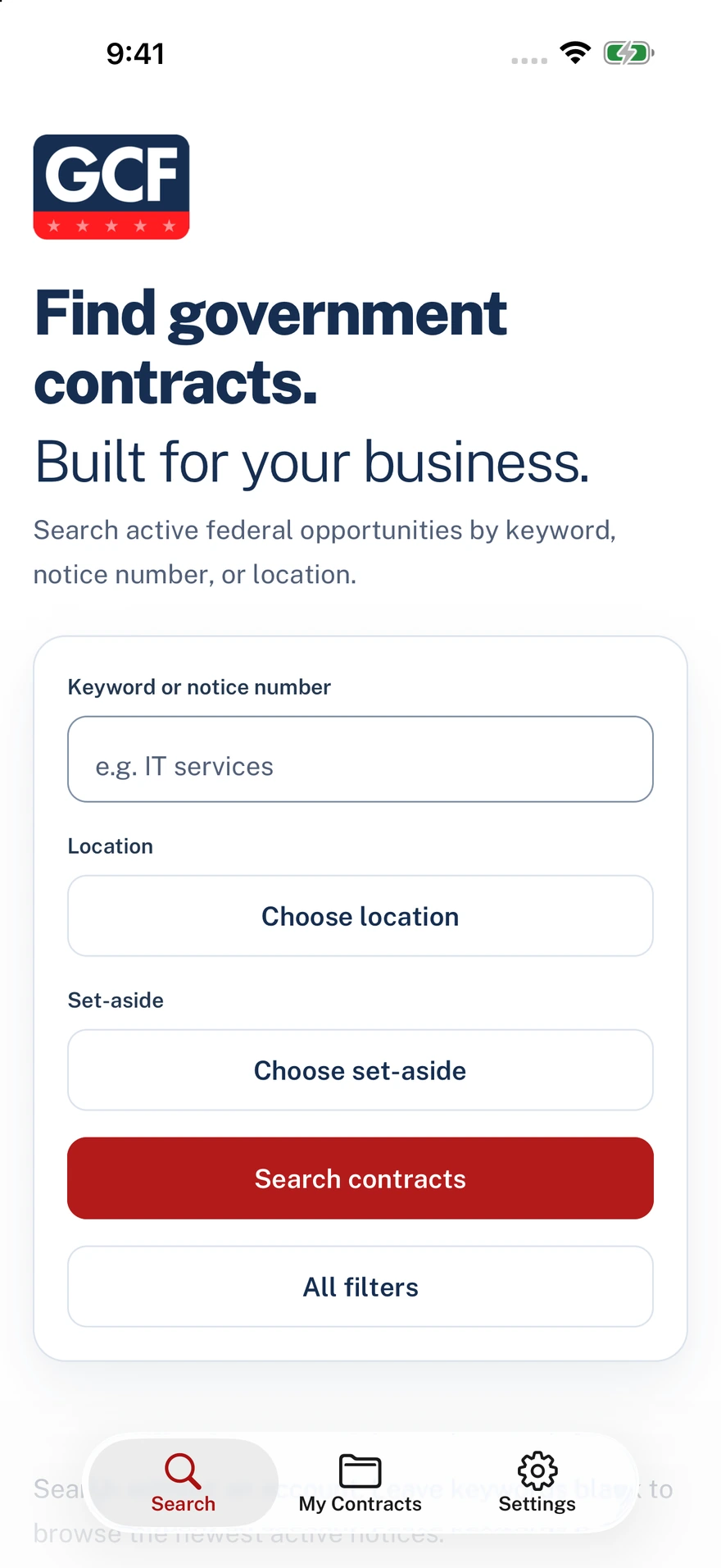 Federal contract search in the mobile app
